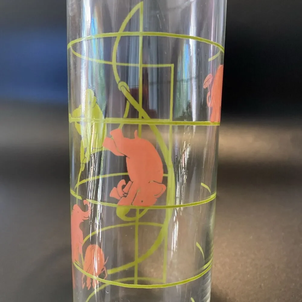 Vintage MCM Federal Glass Pink Elephant & Monkey Musical Notes Highball Glass
